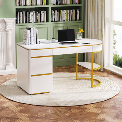 Everly Quinn 60 Modern Executive Desk White Curved Computer Desk With Gold Metal Legs 3 Drawers Home Office Desk Writing Desk With 1 Storage Cabinet For Home Office Living Room Gold White Wayfair